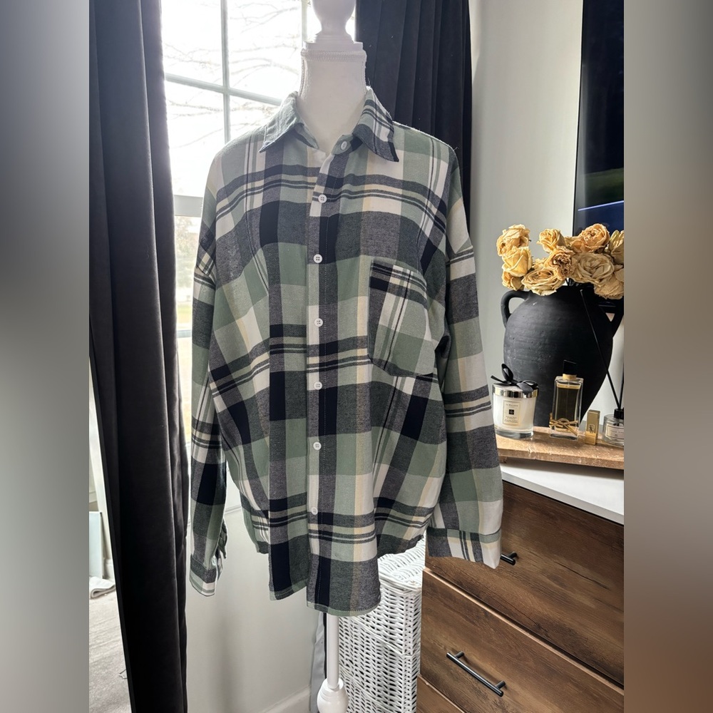 SHEIN Green Plaid Button Down Shirt